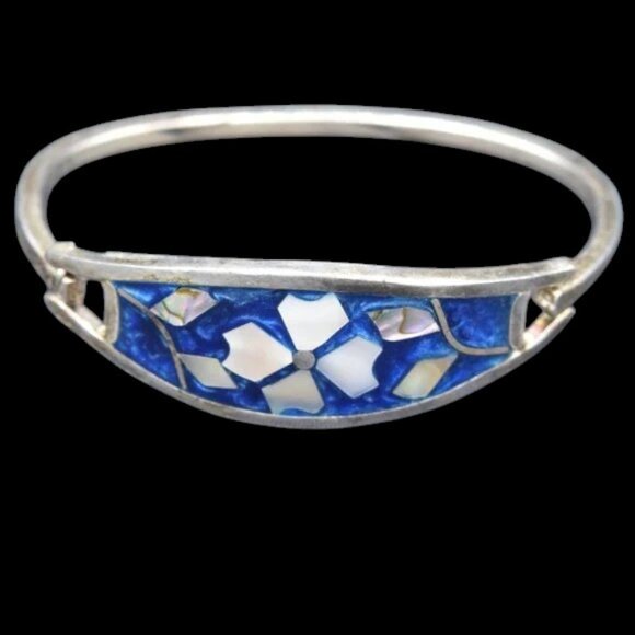 Vintage Alpaca Mexico Flower Silver Tone Enamel MOP Bracelet - Picture 2 of 4